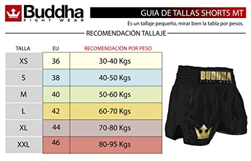 Tabla de tallas para los pantalones Muay Thai Buddha Fight Wear, con recomendaciones de tallas basadas en el peso del usuario.