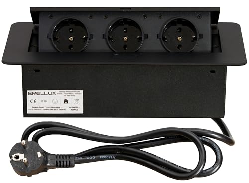 Brollux Versenkbare Einbau Steckdosenleiste 3-Fach - Black-Edition - Aluminium Spritzguss - mit Softöffnung - anschlussfertig mit Kabel und Stecker