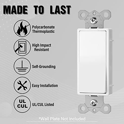 50 Pcs Decorator Paddle Light Switch Single Pole Decorative Paddle Rocker Switch Replacement Bulk Gloss Finish On/Off Wall Switch, Self Grounding Screw Electrical Light Switches, 15A 220V/ 277V #TOP3