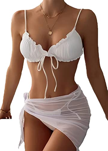 Lilosy Sexy 3 Piece Skirt Cover Ups Bikini Set Ruffle Ribbed G String Tie Triangle Thong Coverups Swimsuit Women High Cut Cheeky Brazilian Bottom Bathing Suit White Medium #TOP22