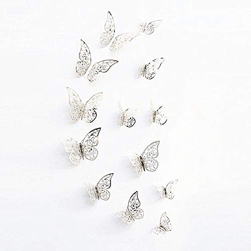 12 pegatinas de pared de mariposa 3D plateadas para decoración de la habitación del hogar (plata - 2)