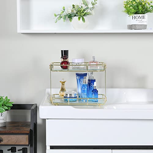 X-Cosrack 2-Tier Bathroom Organizer Countertop, Bathroom Countertop Storage Shelf With Removable Marble Glass Tray, Vanity Tray Cosmetic Organizer Holder Gold #TOP5