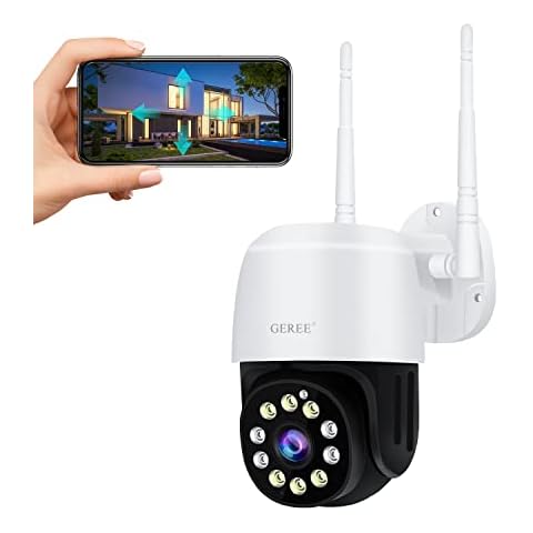 CCTV Camera with Color Night Vision, GEREE 1080P PTZ Security Camera Outdoor Wifi IP Camera Home Security with 355°Pan 110°Tilt Auto Tracking Motion Detection Two-way Audio Cover
