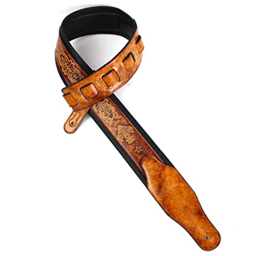 Walker And Williams GB-23 Latigo Sangle rembourrée en cuir Motif fleur de lys et chaîne française Marron clair - Les Beatles, Paul McCartney, John Lennon, RIngo Starr, George Harrison Walker And Williams GB-23 Latigo Sangle rembourrée en cuir Motif fleur de lys et chaîne française Marron clair