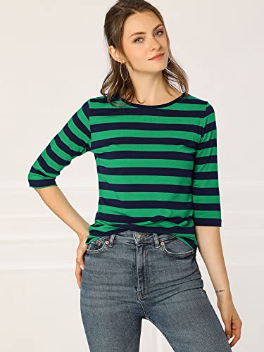 Allegra K Women's Elbow Sleeves Top Round Neck Slim Fit Tee Casual Printed T-Shirt Large Green Dark Blue #TOP2