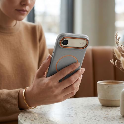 Image of amazon basics Luxury MagSafe Compatible Leather Texture Back Cover for iPhone 17 Air | Raised Camera Protection | Slim Fit Shockproof Case with Metallic Accents (Gray)