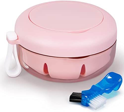 Leak Proof Denture Cup Kit Portable Retainer Case Perfect for Travel, Denture Case Container Cleaning Care for Dentures Aligner Mouth Guard with Denture Brush, Strainer, and Mirror（Pink）