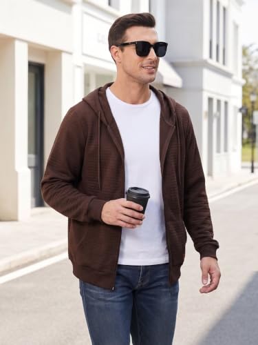 Satankud Men's Jacquard PlaidCloth Lightweight Zipper Hoodie Sweatshirt Jacket Coffee Large — view 2