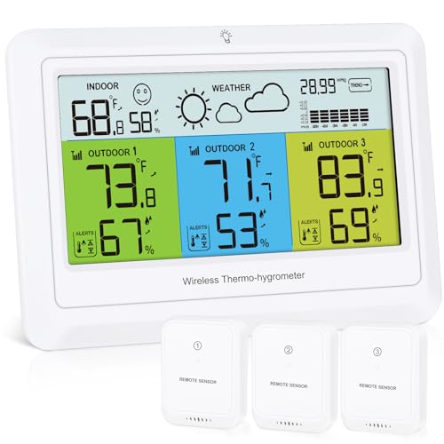 Ankilo Stazioni meteorologiche con sensore esterno wireless per interni ed esterni, termometro igrometro con 3 sensori, termometro digitale umidità con display a colori, retroilluminazione, previsioni