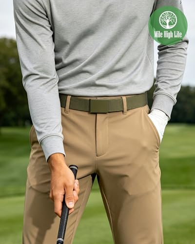 Image of Mile High Life Stretch Canvas Belt for Men, Golf Casual Elastic Web Belt, Top Military Buckle, Adjustable Cut to Fit