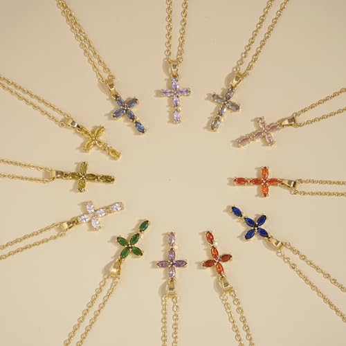 Cross Necklace for Women Dainty Gold Cross Birthstone Necklace 14K Gold Plated Cross Pendant Necklaces for Women Trendy Gold Jewelry Gifts3