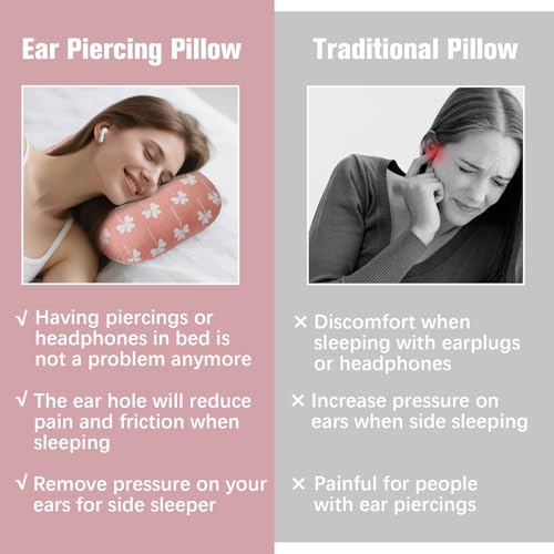 Ear Piercing Pillow for Side Sleeper with Hole for Relief Ears Pain CNH Piercing Pain Sleeping Pressure Sore, Comfortable Support Ear Guard Pillow to a Restful Sleep, Pink Leaf