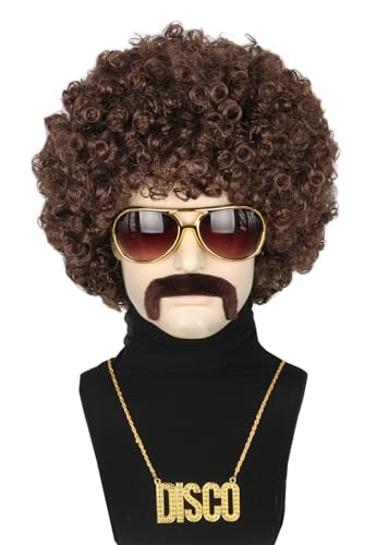70s 80s Brown Afro Wig for Men or Women Disco Rock Party Wig Outfit Short Curly Wigs Halloween Costume Accessories