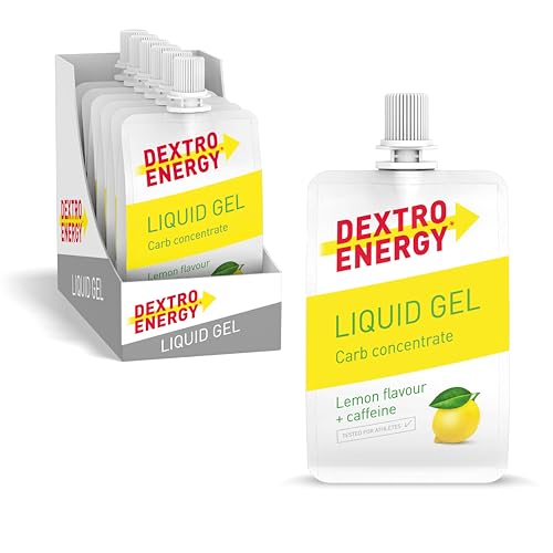 DEXTRO ENERGY LIQUID GEL LEMON + CAFFEINE - 12x60ml (12er Pack) - Energy Gel aus schnell verfügbaren Kohlenhydraten, Traubenzucker Gel, Koffein Booster, Energy Riegel Alternative, für Ausdauersport