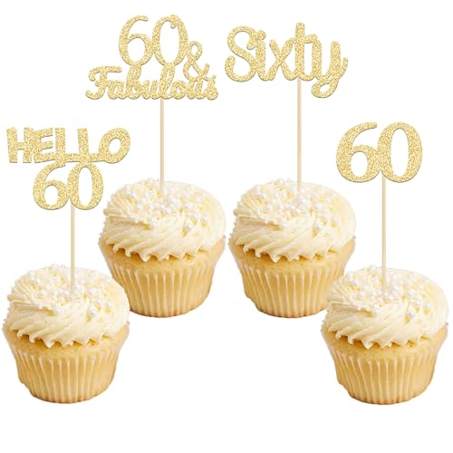Gyufise 24Pcs Gold Glitter 60th Birthday Cupcake Toppers Hello 60 Sixty Cake Toppers 60 & Fabulous Cupcake Picks 60th Birthday Cake Decorations Supplies