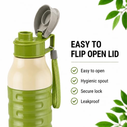 Image of CELLO Puro Steel-X Delta 600 PU Insulated Water Bottle for Office 550 ml Green | Wide Mouth Easy to Carry with Strap Leak Proof Flip Top Lid Inner Steel Water Bottle for School Kids, College & Travel