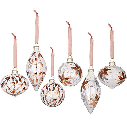 Sea Team Christmas Clear Glass Ball Ornaments Finial Drops Pendants with Rose Gold Floral Designs for Xmas Tree Decorations, 70mm/2.76-inch, Set of 12