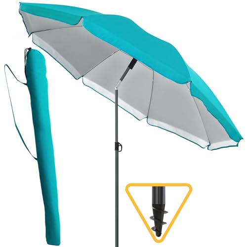 Menz Sonnenschirm Strand, Fb. Türkis - Funktionaler Strandschirm Ø 180 cm, UPF 80+ Sonnenschutz für Strand und Balkon, Strandschirm windfest stabil, knickbarer Sonnenschirm mit Schutzhülle