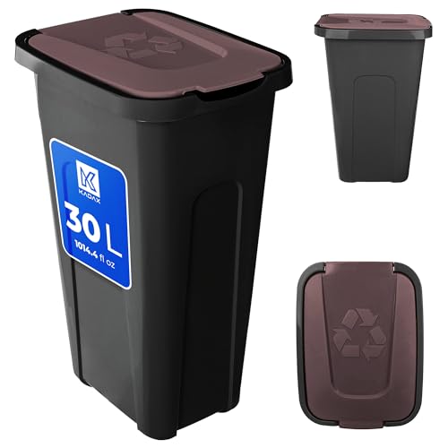 KADAX Poubelle pour tri des déchets 30L, Poubelle robuste avec couvercle à charnière étanche à l'air, Conteneur de déchets pour système de tri des déchets, Poubelle en plastique (1, Couvercle marron)