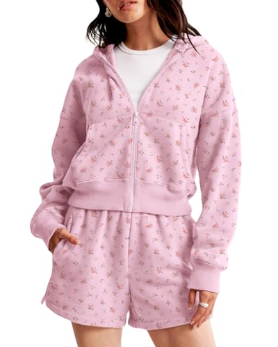 Cioatin Women Zip Up Crop Hoodies Jacket Loose Fit Fleece Sweatshirt Y2K Ditsy Floral Pullover Aesthetic Girls Clothes Fall3