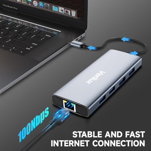 Image of Verilux Multiport USB C Hub 10 In 1 USB C Hub with 100Mbps Ethernet Port, 4K@60Hz HDMI SD /TF Card Slots, Supports 100W PD Fast Charging & 5 Gbps Data Transmisson Portable USB C Hub for PC, Laptop, PS
