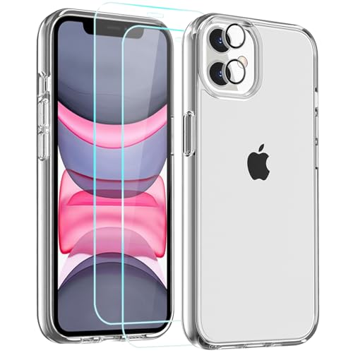 FanTEK Compatible with iPhone 11 Case with 2pcs Screen Protectors and 1pcs Camera Lens Protector, Clear Crystal Phone Case Compatible with iPhone 11 6.1 Inch