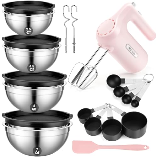 Image of Lord Eagle 5-Speed Hand Mixer Electric With 4 Mixing Bowls Set