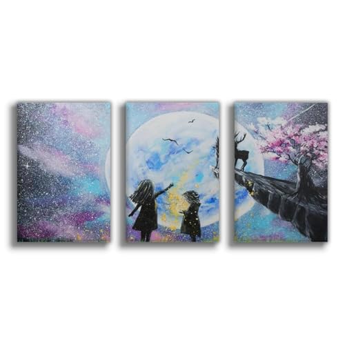 Poster toile enfants regardant la lune 50x75 cm grand tableau mural chambre