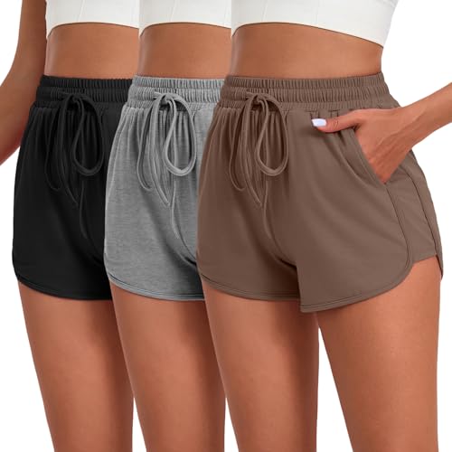 Neer 3 Pack Women's Sweat Shorts, Athletic Running Short with Pockets Workout Loose Yoga Summer Elastic Lounge Bottoms