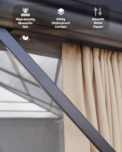 Hardtop Gazebo 12'x16' for All Weather, Double Polycarbonate Sheets Roof, Aluminum Alloy Frame, Net, and Curtain, Permanent Building for Patio, Deck, Backyard, Lawn, and Garden, Khaki