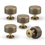 Urnew Antique Brass Kitchen Cabinet Knobs 5 Pack, 1.1Inch Knurled Brass Dresser Drawer Pulls, Modern Furniture Hardware Handles for Cupboard Wardrobe Vanity Closet Door