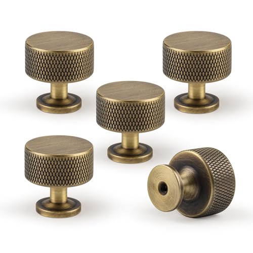 Urnew 1.1" Knurled Solid Brass Cabinet Knobs, Antique Brass 5-Pack
