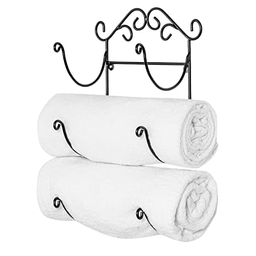 MyGift Wall Mounted Black Metal Towel Rack Holder with Scrollwork Design fits Rolled Beach Towels, Bath Towels, Hand Towels and Linen, 3 Tier Decorative Towel Holder for Home, Spa and Salon