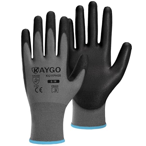 Image of KAYGO Safety Work Gloves for Men Women, PU Coated Palm & Fingers, KG11P | Smooth Grip, Breathable & Lightweight, 13-Gauge Seamless Knit, for Light Warehouse, Manufacturing, Gardening