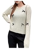 BEAUDRM Women's Bow Decor Cable Knit Sweaters Crew Neck Long Sleeve Pullover Tops White Medium