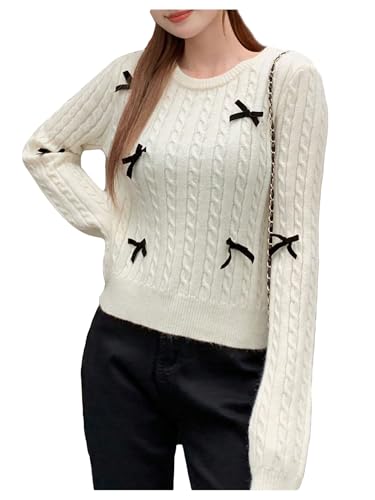Image of BEAUDRM Women's Bow Decor Cable Knit Sweaters Crew Neck Long Sleeve Pullover Tops White Large