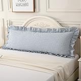 Silnuo Light Blue Plaid Body Ruffle Pillow Sham,Washed Cotton Shabby Checkered Gingham Long Pillow Cover (1 Piece)