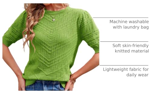 Image of Womens Puff Short Sleeve Sweater Summer Crew Neck Ribbed Knit Pullover Tops