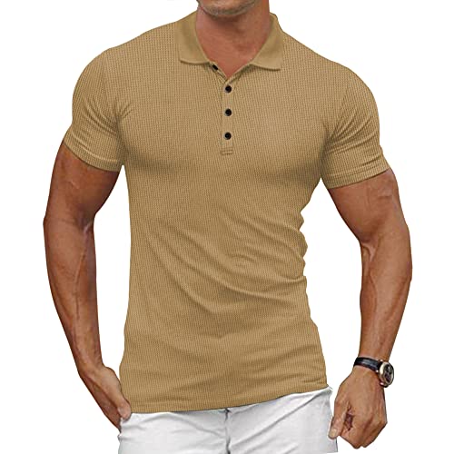 Gnvviwl Mens Waffle Knit Polo Shirts Short Sleeve Slim Fit Golf Casual Tee Shirts Beige #TOP9
