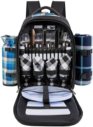 Apollo walker Picnic Backpack Set for 4 with Cooler Compartment,Detachable Bottle/Wine Holder Including Large Picnic Blanket(45"x 53") for Picnic Family and Lovers Gifts,Outdoor,BBQ Time (Blue)