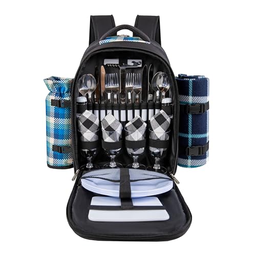 apollo walker Picnic Backpack Bag with Cooler Compartment, Detachable Bottle/Wine Holder, Fleece Blanket, Plates and Cutlery Set (4 Person, Black)