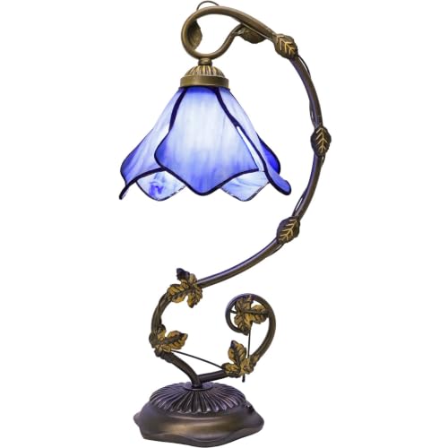 FILIUTF Stained Glass Table Lamp, Blue Flower Style Metal Leaf Base Desk Reading Light, Adjustable 3 Color Temperature Decor for Bedroom Home Office