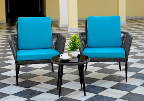 Image of DEVOKO 3 Piece Outdoor Bistro Rope Conversation Patio Set All Weather Chairs and Table with Cushions for Garden, Deck, Backyard, Balcony, Porch (Grey & Sky-Blue)