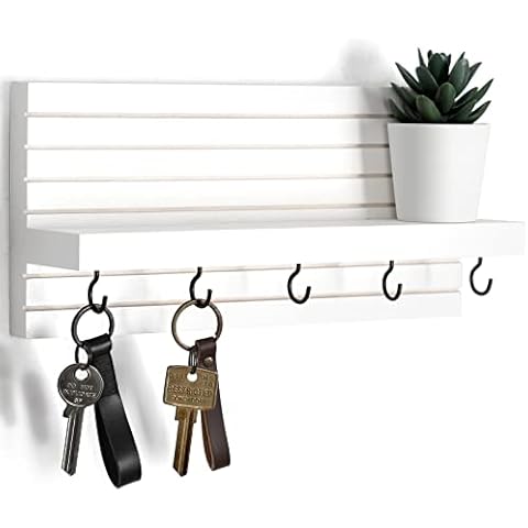 Decorative Key Holder for Wall with Shelf, Entryway Shelf with Hooks Holds Leashes, Jackets and Glasses - Sturdy Wood Keyholder Entrance Hanger with Mounting Hardware (11.8” x 5.5” x 3.1”) (White) Cover