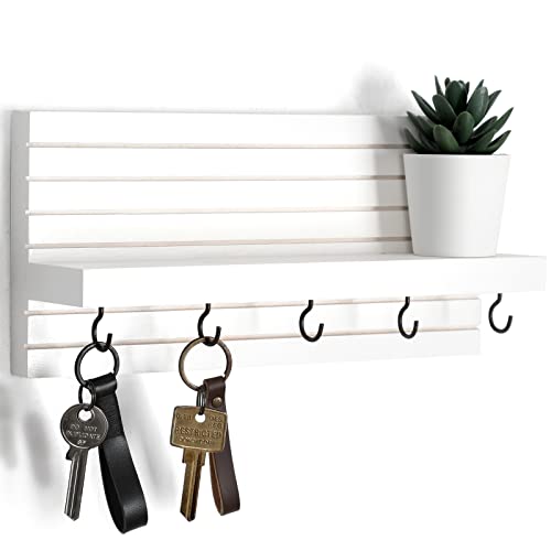 Decorative Key Holder For Wall With Shelf, Entryway Shelf With Hooks Holds Leashes, Jackets And Glasses – Sturdy Wood Keyholder Entrance Hanger With Mounting Hardware (11.8” X 5.5” X 3.1”) (White) #TOP12