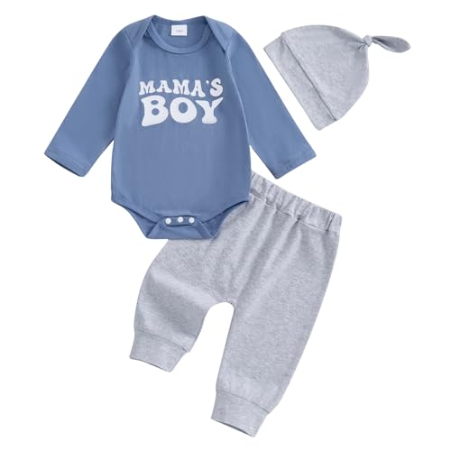 Image of Ayalinggo Newborn Baby Boy Clothes Mamas Boy Long Sleeve Romper 3pcs Pant Set Fall Winter Coming Home Outfit With Hat