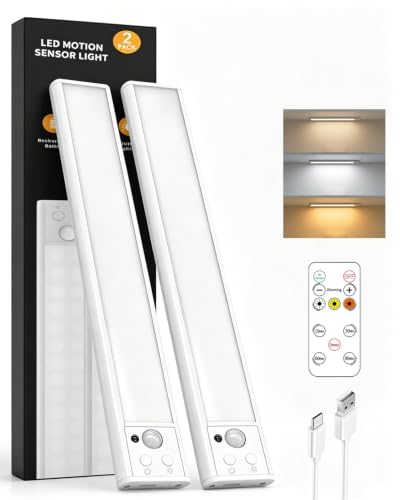 Hontafe Under Cabinet Lighting,80LED Motion Sensor Light Indoor with Remote,2200mAh Rechargeable Closet Lights Wireless,Dimmable,3Color Temps,Magnetic Under Counter Lights for Kitchen,Stair, 2Pack
