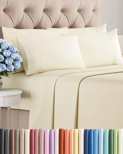 Image of Cal King 6 Piece Bed Sheet Set - Breathable & Cooling Sheets - Off White | Ultra-Soft Hotel Luxury Bedding Set with 8-16 Inch Deep Pockets, 1 Flat & 1 Fitted Sheet & 4 Pillowcases, Wrinkle & Fade Free