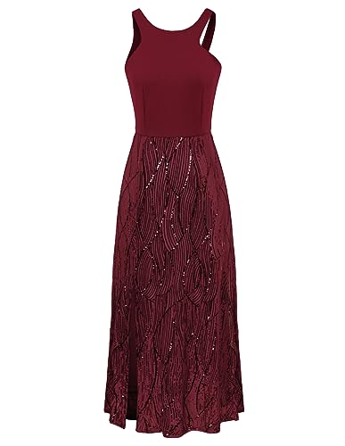 GRACE KARIN Vestido de lentejuelas brillantes con cuello irregular sin mangas para mujer, rojo vino, S