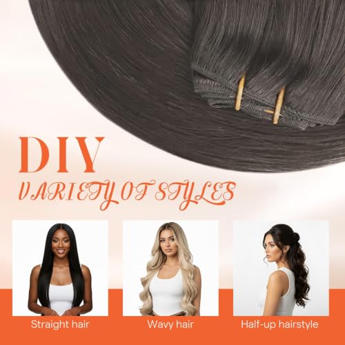 Image of Sunny Hair Clip in Hair Extensions Real Human Hair Mocha Black Brown 120g | Remy Hair Clip Ins for Women Easy to Wear Comfortable All Day Natural Seamless Blend for Work & Special Events 20 Inch